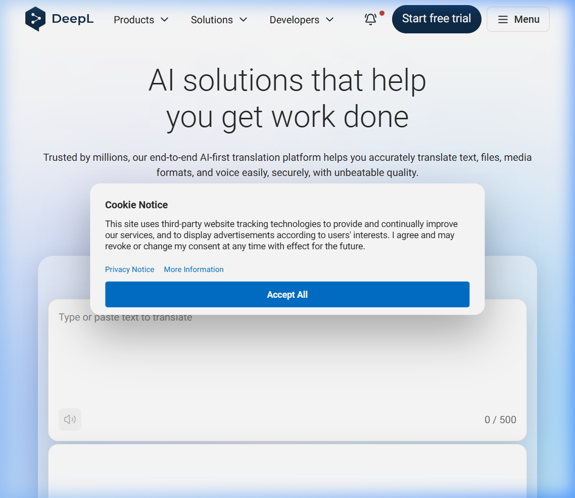 DeepL AI-first browser translation interface offering high-fidelity multi-language text and document translation.