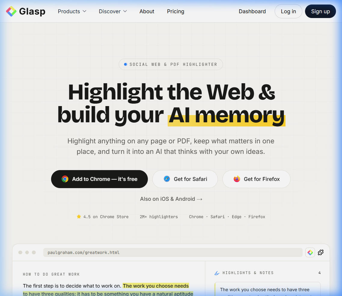 Glasp AI web highlighter and social knowledge base for capturing web quotes and generating AI summaries.