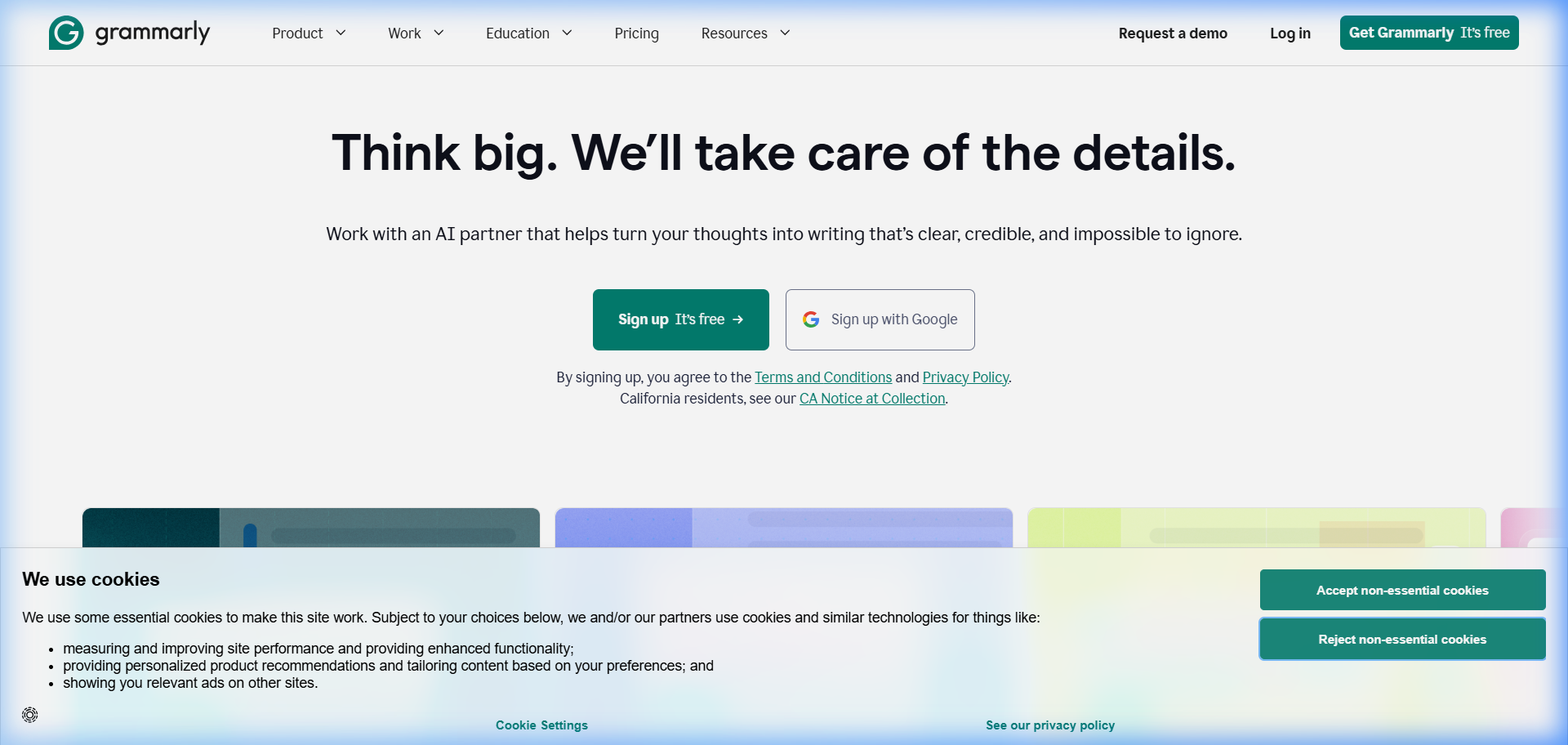 Grammarly AI writing assistant browser extension landing page.