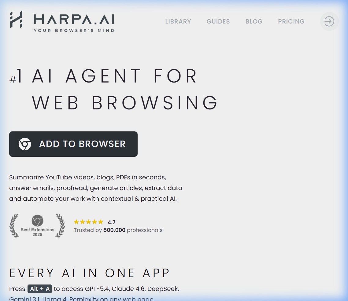 HARPA AI browser agent providing instant Alt+A hotkey access for page automation, web scraping, and multi-model execution.