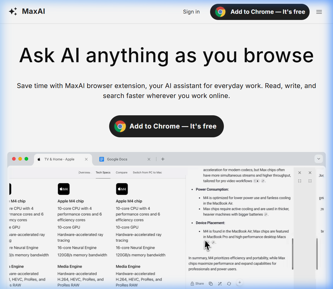 MaxAI.me context-aware browser extension for instant text editing, summarizing, and reading support.