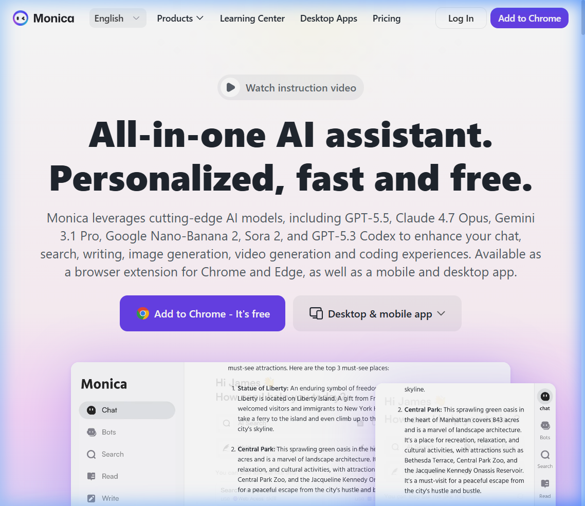 Monica AI all-in-one browser assistant supporting GPT-5.5, Claude 4.7, and Gemini 3.1 inside a single extension.