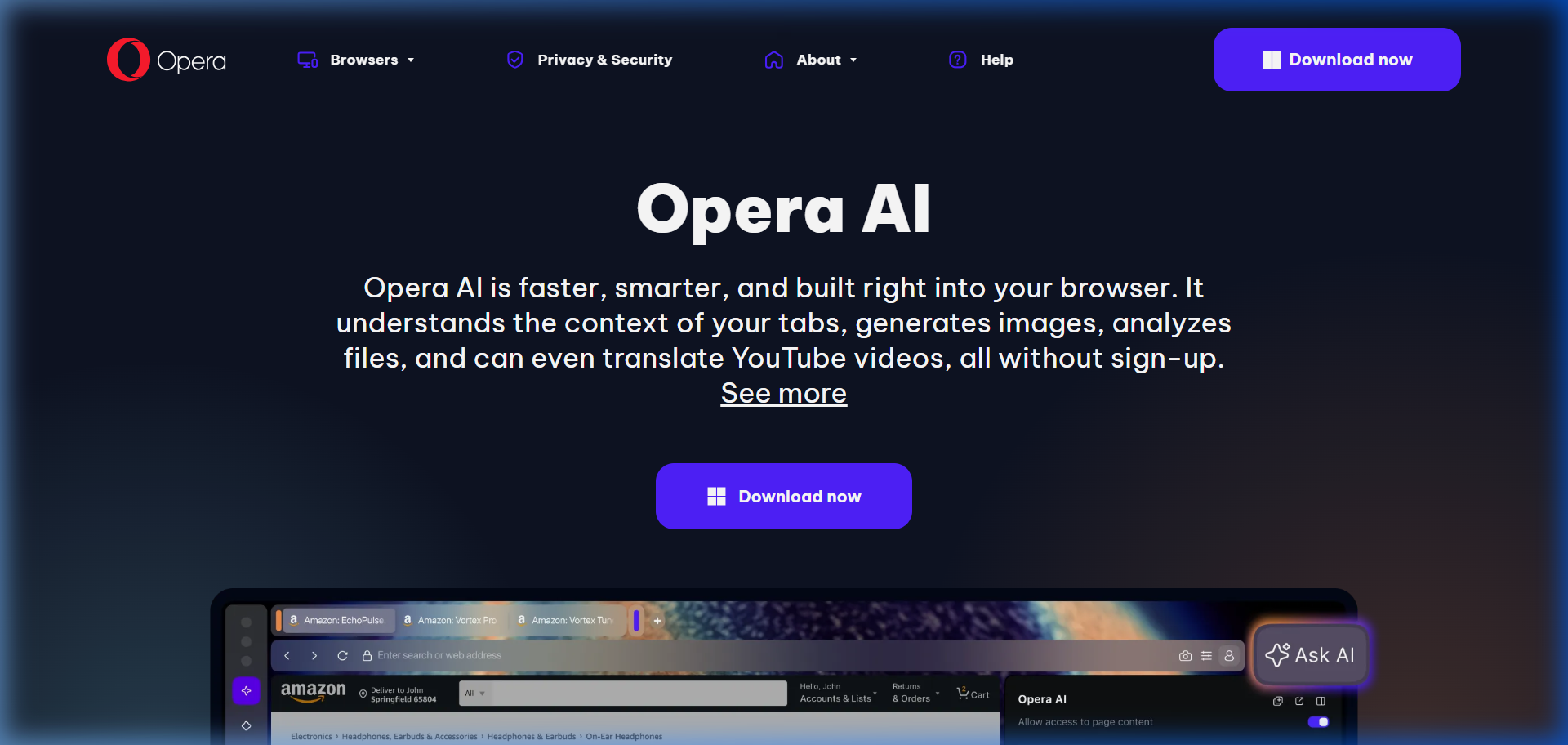 Opera Aria AI browser assistant landing page with built-in chat features.