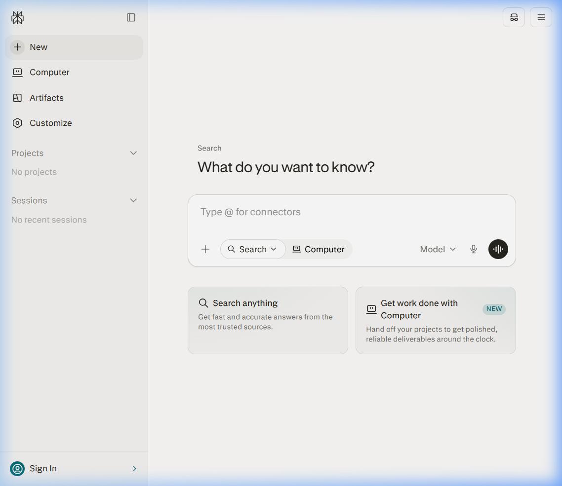 Perplexity AI web workspace interface featuring deep search options, model selectors, and real-time citation links.
