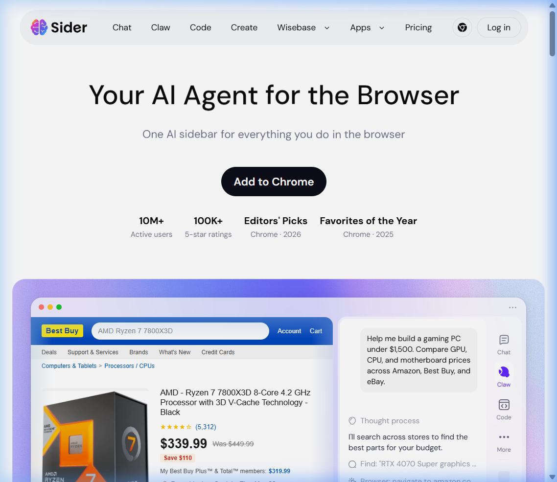 Sider AI multi-model sidebar extension allowing instant model switching, page chat, and live coding help.