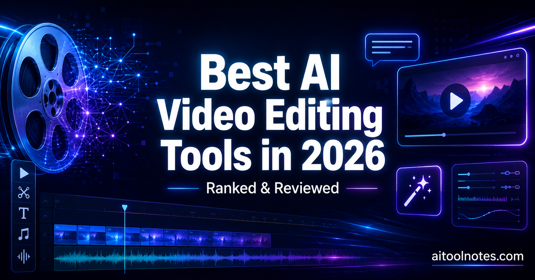 Best AI video editing tools in 2026 showing a futuristic AI-powered video editing interface with timeline, captions, and neural network design elements