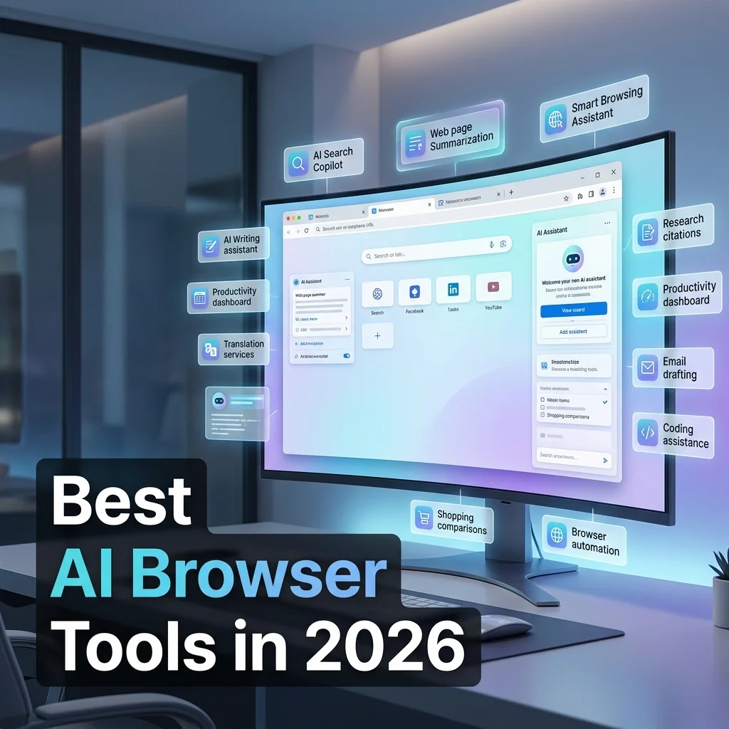 Best AI Browser Tools in 2026 featured image showing an AI-powered web browser with browsing assistants, search copilots, and productivity extensions.