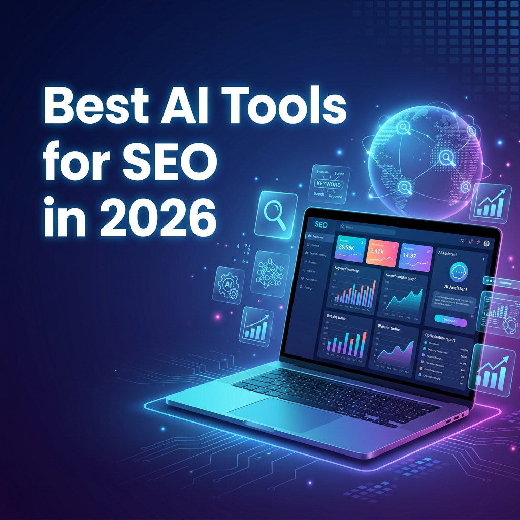 Best AI Tools for SEO in 2026 featured image showing AI-powered SEO analytics, keyword research, and search optimization dashboard.