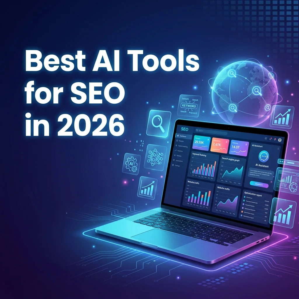 Best AI Tools for SEO in 2026 featured image showing AI-powered SEO analytics, keyword research, and search optimization dashboard.