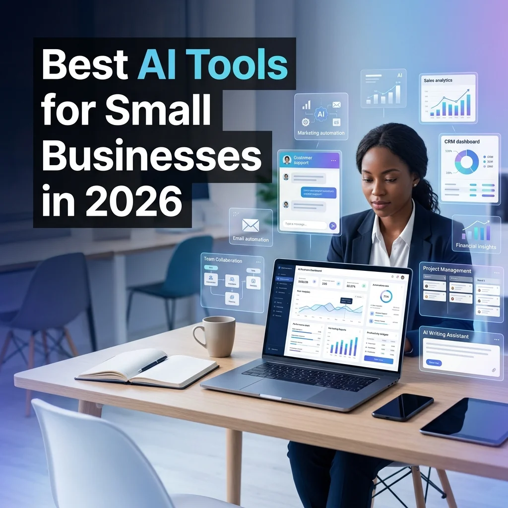 Best AI Tools for Small Businesses in 2026 featured image showing a business owner using AI software for marketing, automation, productivity, and business management.