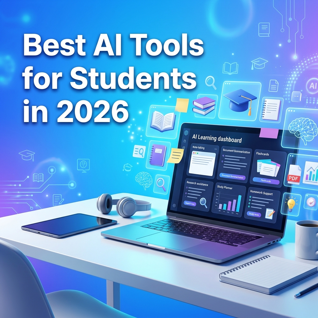 Best AI Tools for Students in 2026 featured image showing an AI-powered study dashboard with note-taking, research, summarization, flashcards, and learning tools.