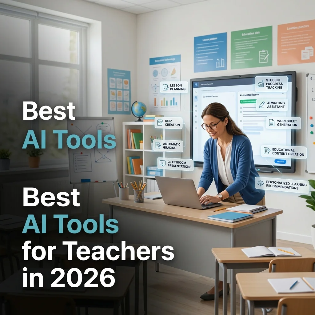 Best AI Tools for Teachers in 2026 featured image showing a teacher using AI software for lesson planning, quiz creation, grading, and classroom content.