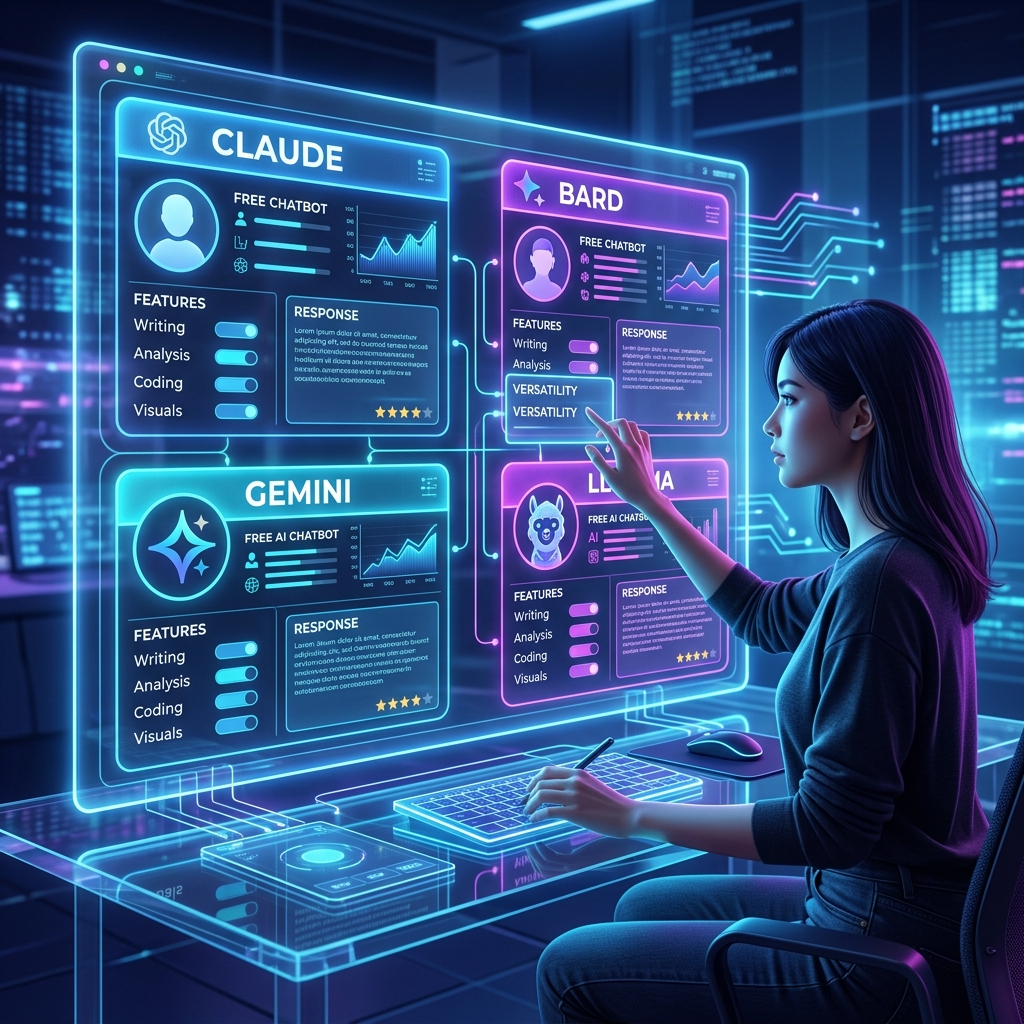 Illustration comparing top free AI chatbots like Claude, Gemini, Copilot, Perplexity, and Meta AI